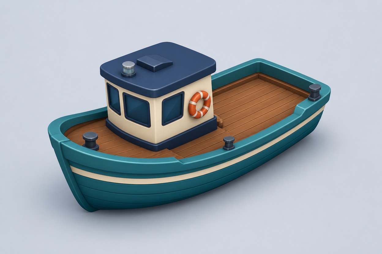 Our teal fishing boat, with a wooden deck and orange life ring